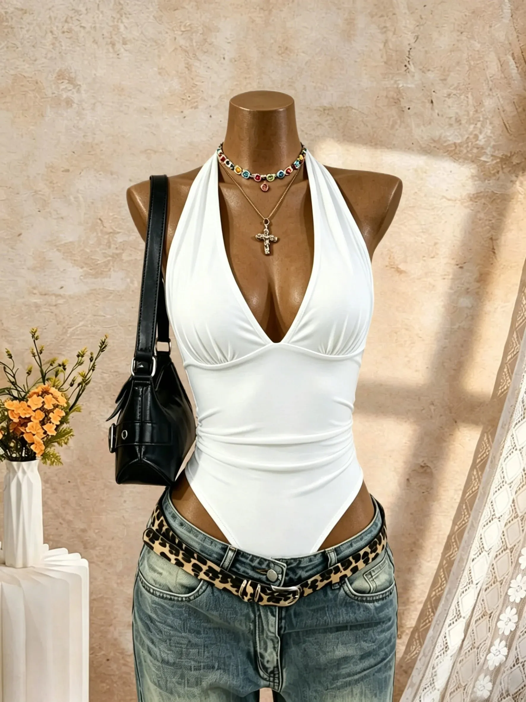 Women Halter Deep V Neck Bodysuit Solid Color Sleeveless Ruched Front Slim Fit Basic Jumpsuit Tank Top