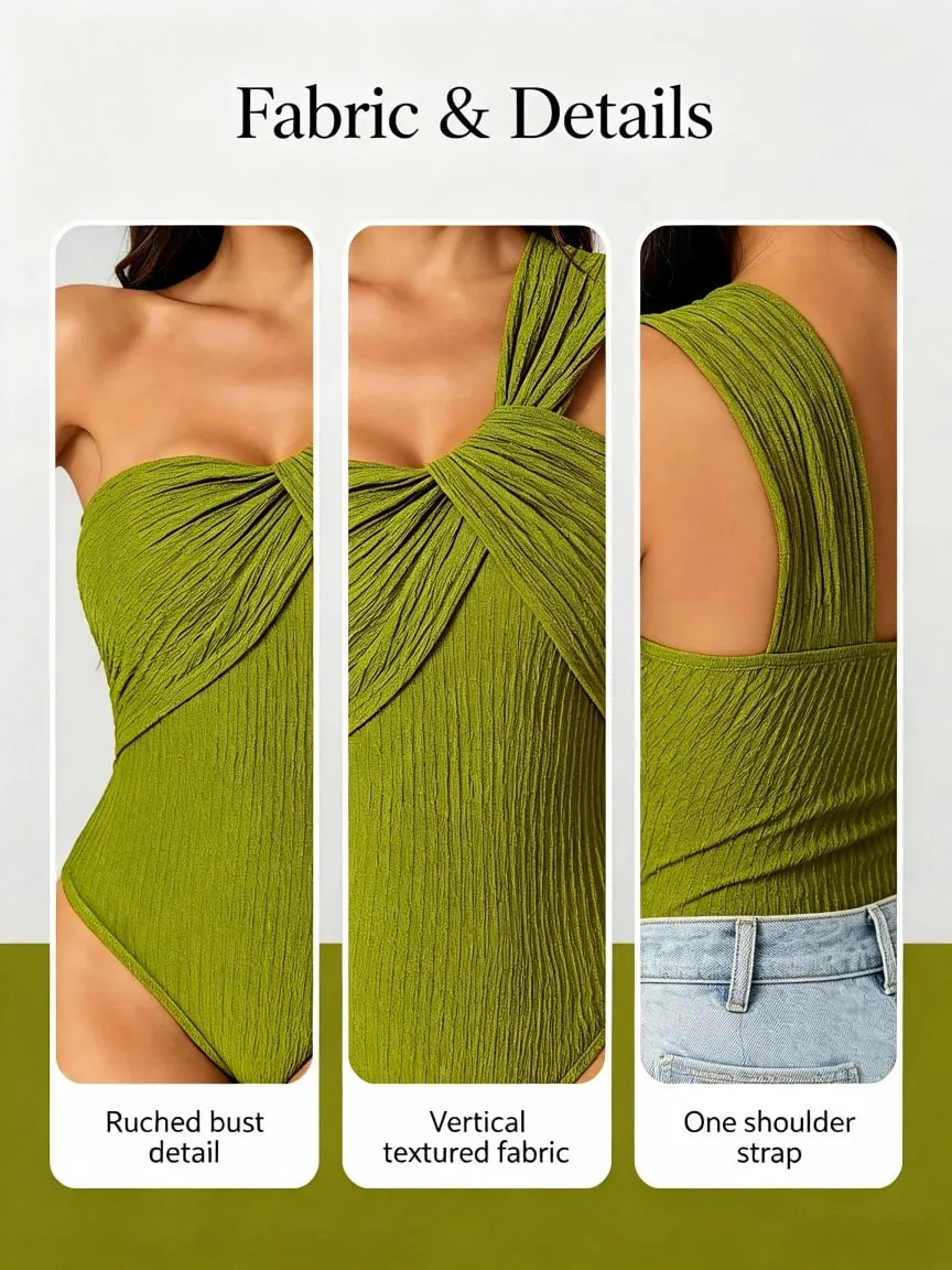 Women One Shoulder Twist Bodysuit Textured Crinkle Fabric Sleeveless Slim Fit Party Club Jumpsuit Top Green