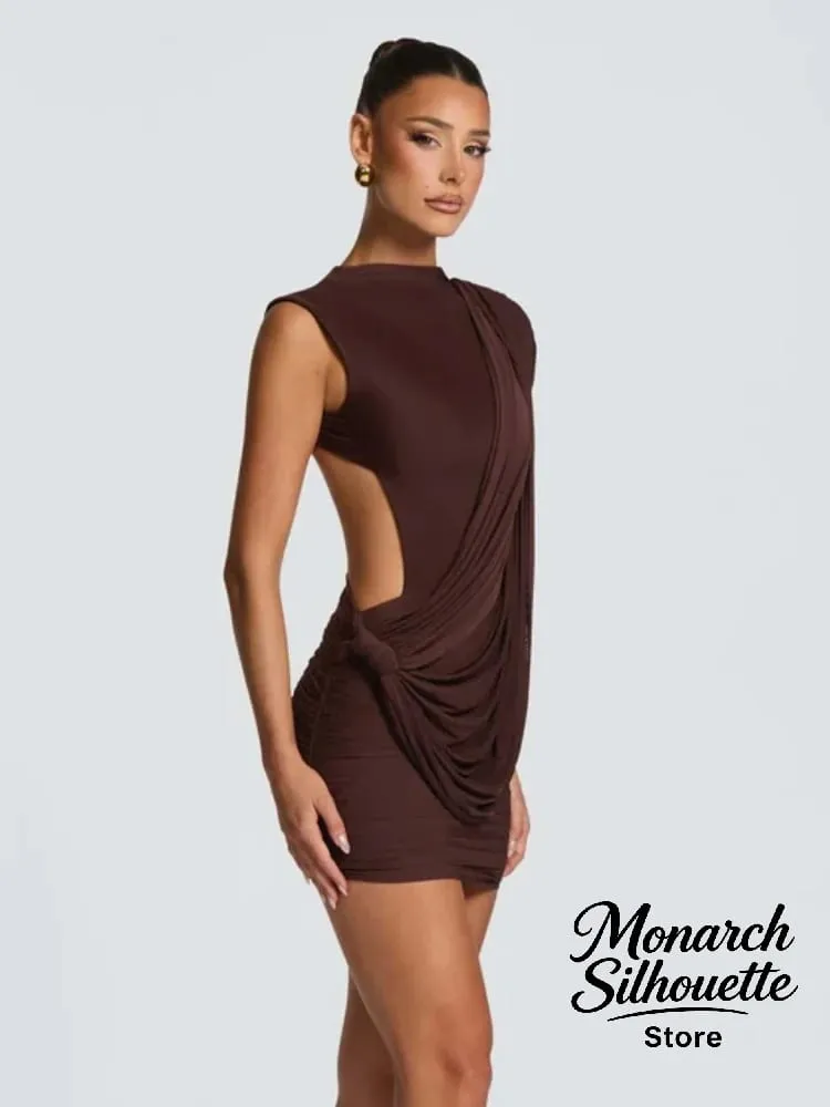 Chic Sleeveless Pleated Slim Mini Dress Women Sexy Solid Backless Hollow Out Round Collar Dresses Lady Evening Party Vestidos — image 3