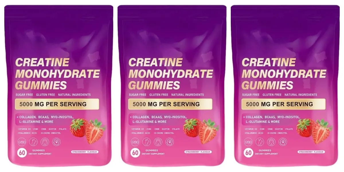 Creatine Monohydrate Gummies with Collagen BCAA and Vitamins Fitness Supplement Strawberry Flavor Daily Workout Support Sugar