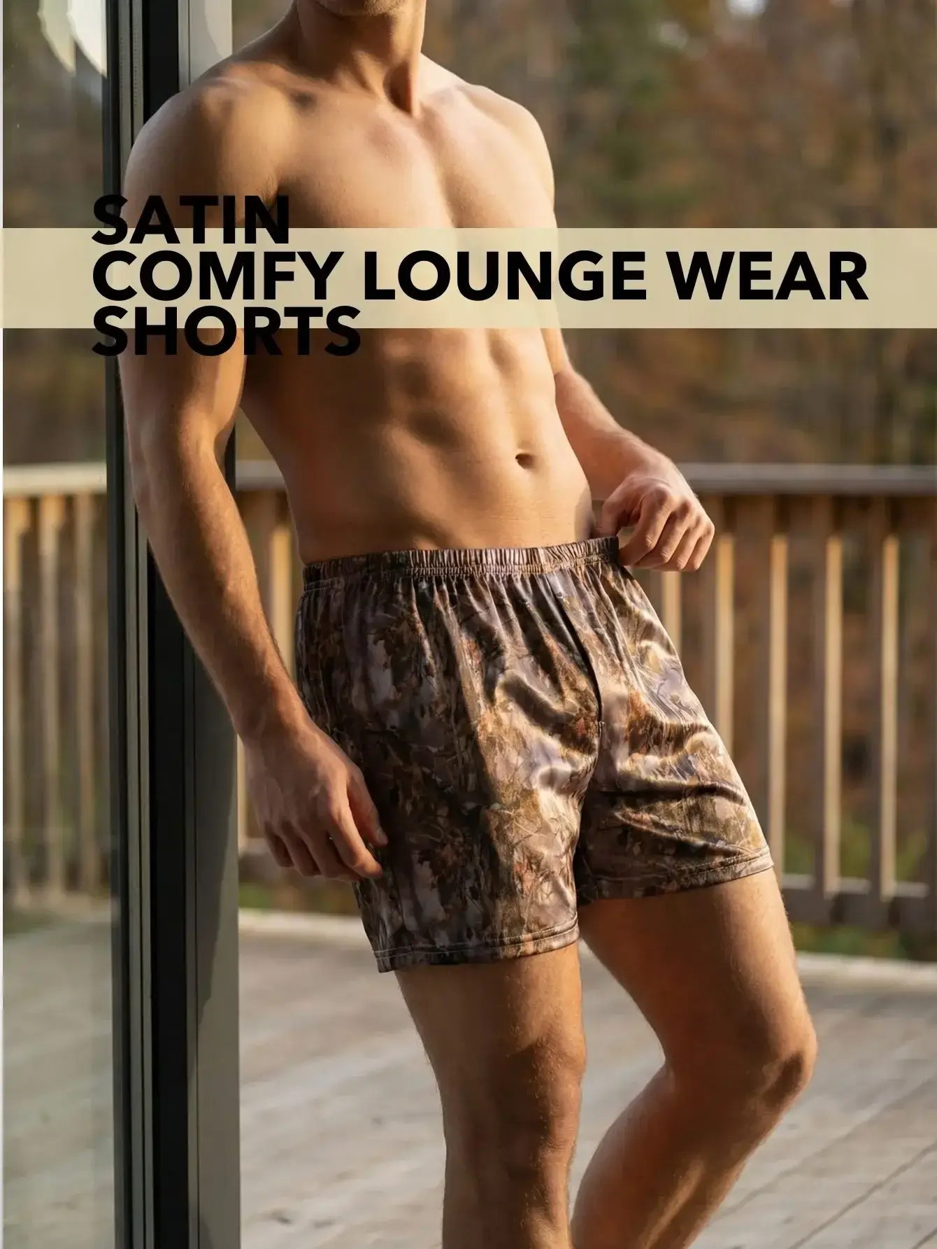 1 Piece Men's Lightweight Breathable Metallic Sheen Casual Home Loungewear - Camouflage Print Satin Sleep Shorts — image 1
