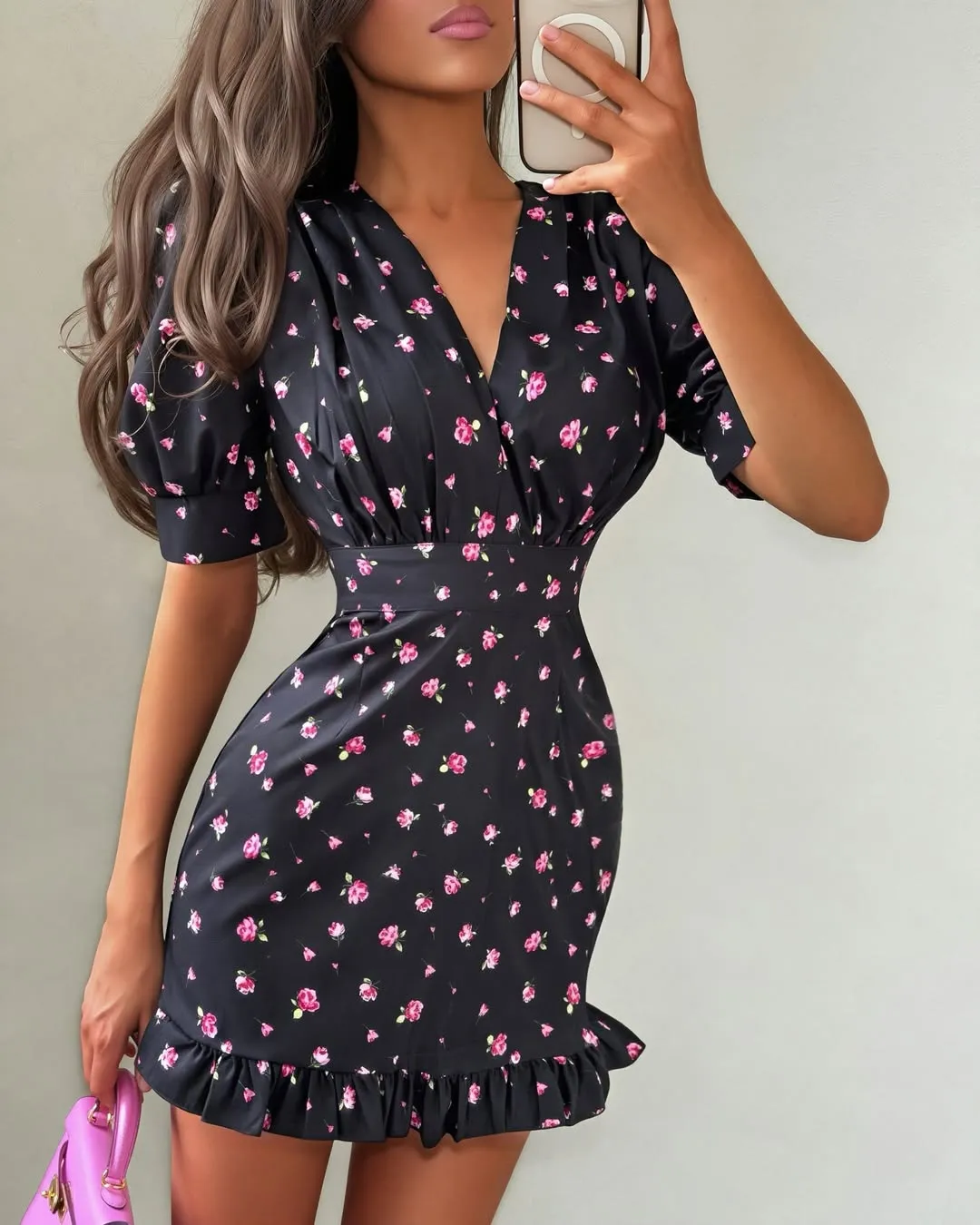 Elegant Floral Printed Mini Dress Women V-neck Short Sleeves Waist Cinching Ruffle Hem Dresses 2026 Lady Summer Vacation Robe