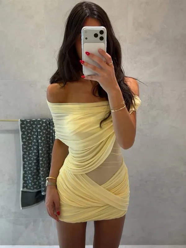 Elegant Yellow Strapless Pleated Long Dress Women Chic Solid Sleeveless Waist Cinching Split Gown 2026 Lady Evening Party Robes — image 13