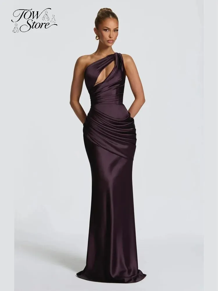 Elegant Solid Ruched Satin Maxi Dress Women One-shoulder Sleeveless Slim Fit Flowy Dresses 2026 Lady Summer Evening Vestidos