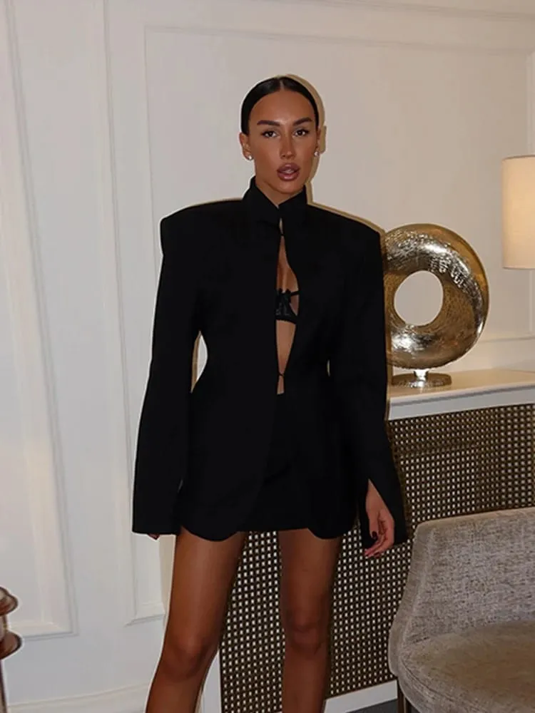 Sexy Black Hollow Blazer Dress Women Elegant Full Sleeve Shoulder Pads Cinched-waist Mini Dresses 2026 Lady Evening Dinner Robes — image 3