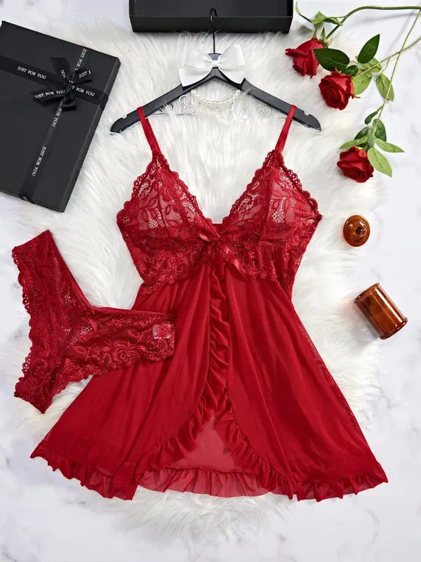 Women Lace Lingerie Set Solid Soft Slim Bra Nightdress Sexy Sleepwear For Women — image 9