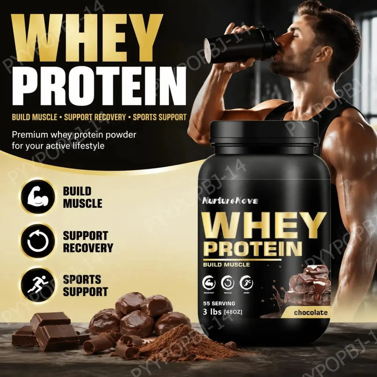 NurtureNova Chocolate Whey Protein Powder 30g Serving 55 Servings per Jar Muscle Building & Recovery Support Fitness Nutrition S