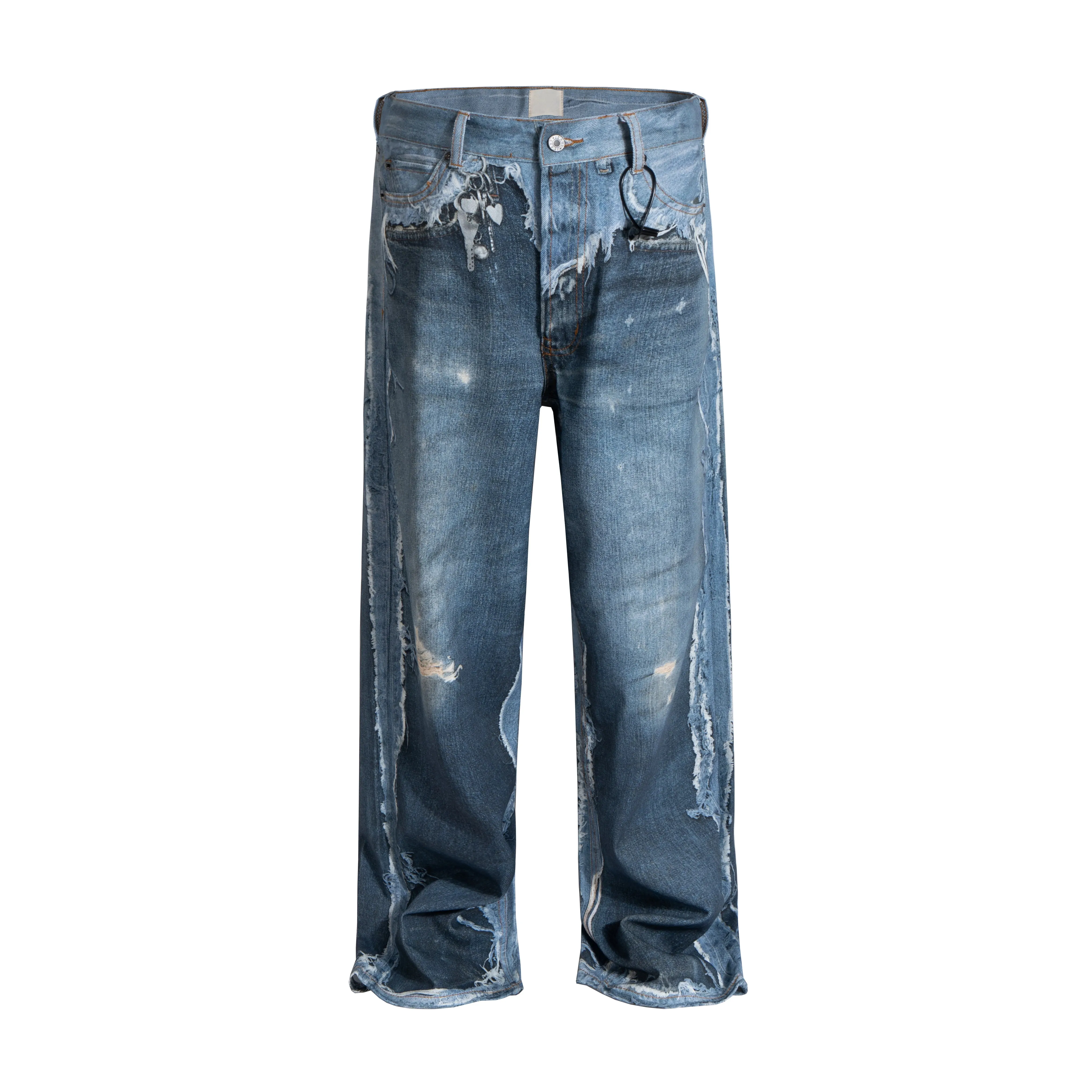 Fake Two Pieces 3D Print Patchwork Baggy Jeans for Men and Women Straight Casual Loose Denim Trousers Oversized