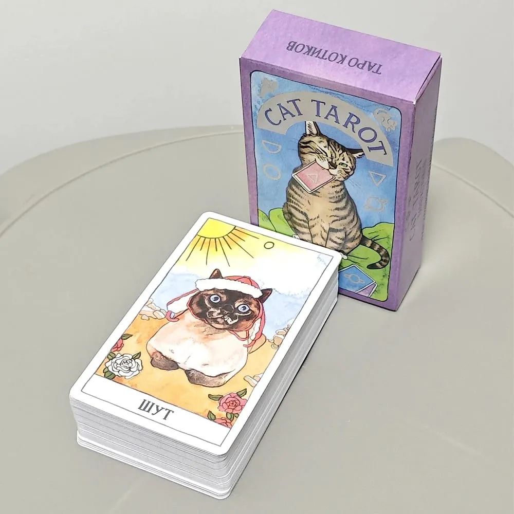 Gato tarô língua russa 10.3*6cm combina autenticidade com um senso de humor felino 78 peças cartas de tarô com tema de gato