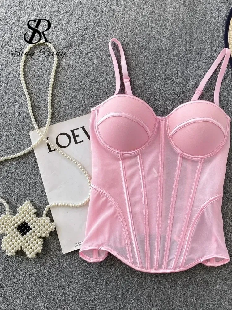 2026 Luxury Mesh Corset Camisole Women Strap Solid Lingerie Top Summer High Quality Tummy Control Sheer Party Tank Top
