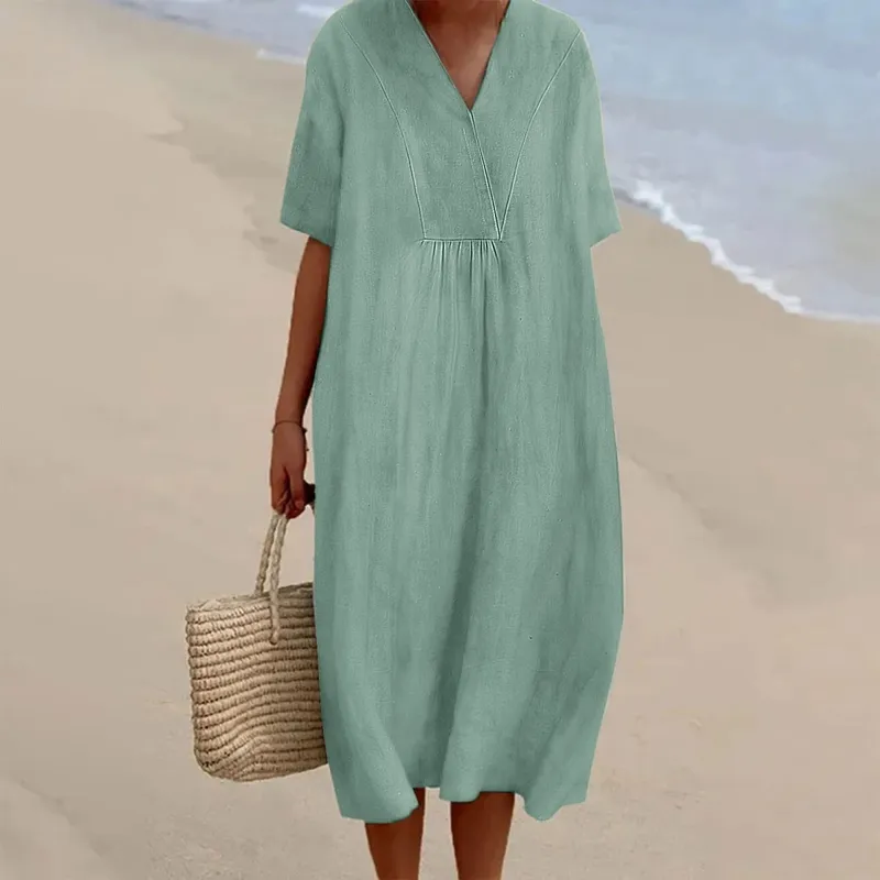 Women Casual Solid Dress Short Sleeve V Neck Pocket Dress Long Loose Dress Dresses for Women Party Casual
