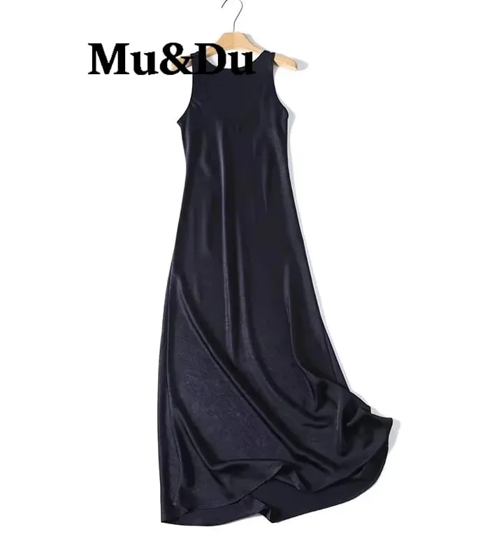Elegant Backless Round Neck Long Dress Women's Fashion Minimalist Style Draped Polyester Fiber Sleeveless Skirt City Commute