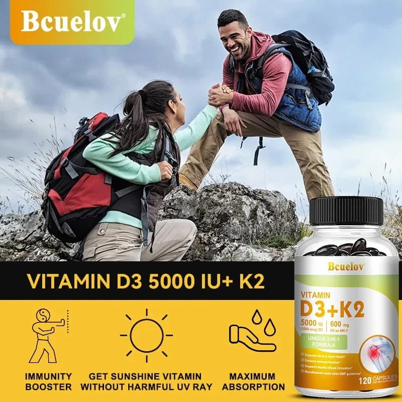 Bcuelov Vitamin D3+K2 5000 IE Vitamin D3 ikke-GMO formel let at sluge vitamin D og K kompleks kosttilskud