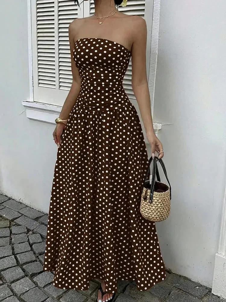Summer Polka Dot Vintage Strapless Sleeveless Long Prom Dress Women Fashion Off Shoulder Slim Ruffles Tube Maxi Dresses Elegant