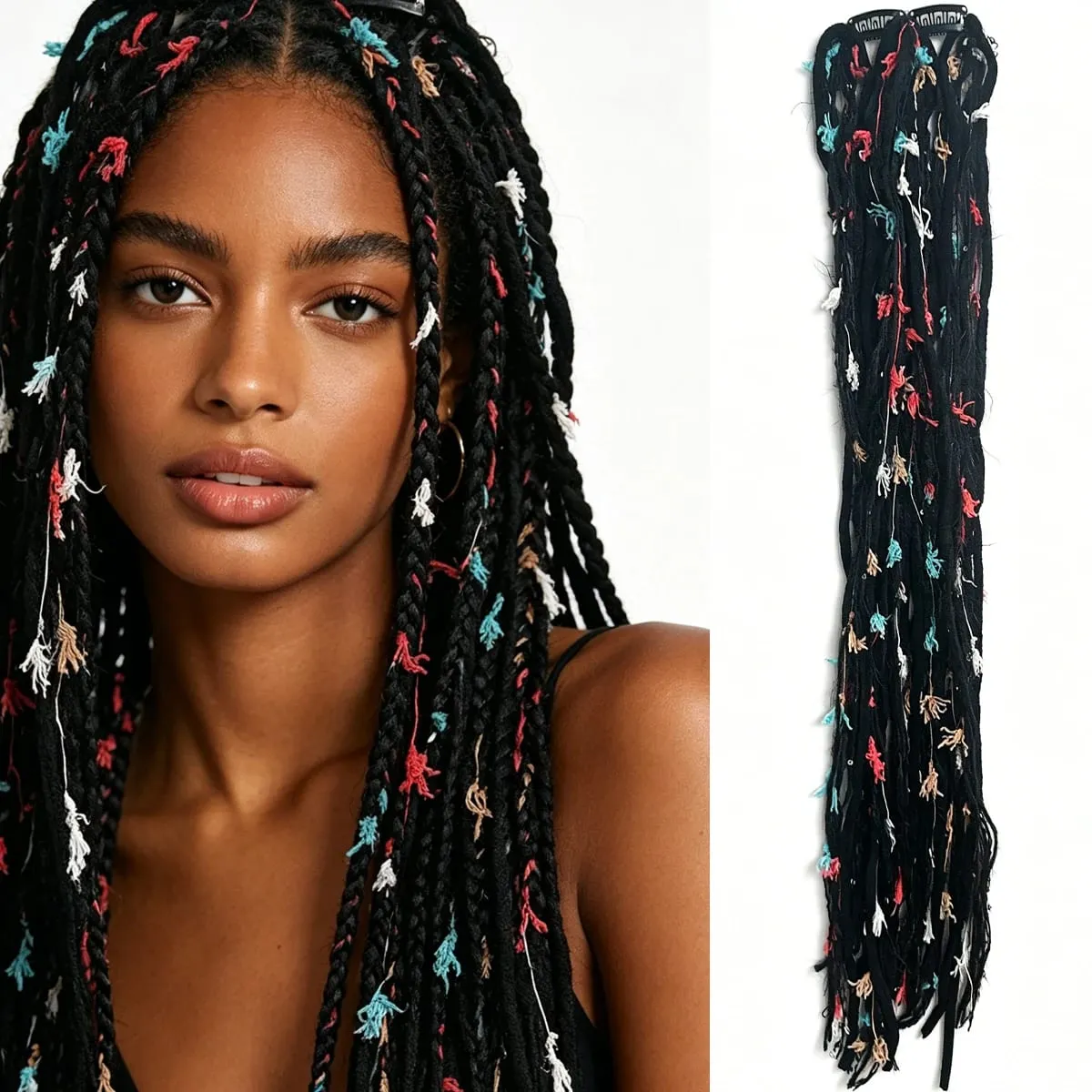 Synthetic 2Pcs Wool Yarn Dreadlock Clip Hair Extensions Maillard Long Boho Tassel Colored Vintage Braids Hair For Woman