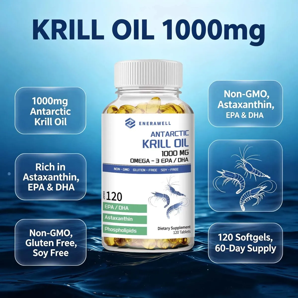 Antarctic Krill Oil 1000 mg Capsules | 3X Strength Natural Source of Omega-3 EPA DHA with Astaxanthin Supplement