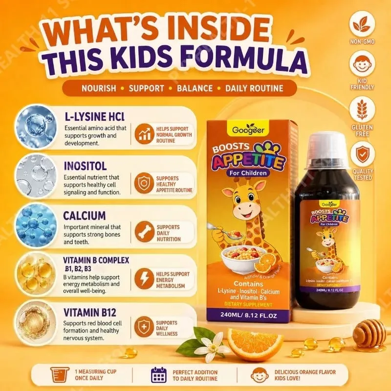 Googeer Children’s Appetite Support Liquid with L-Lysine Inositol Calcium and B Vitamins Daily Nutritional Support 240 ML