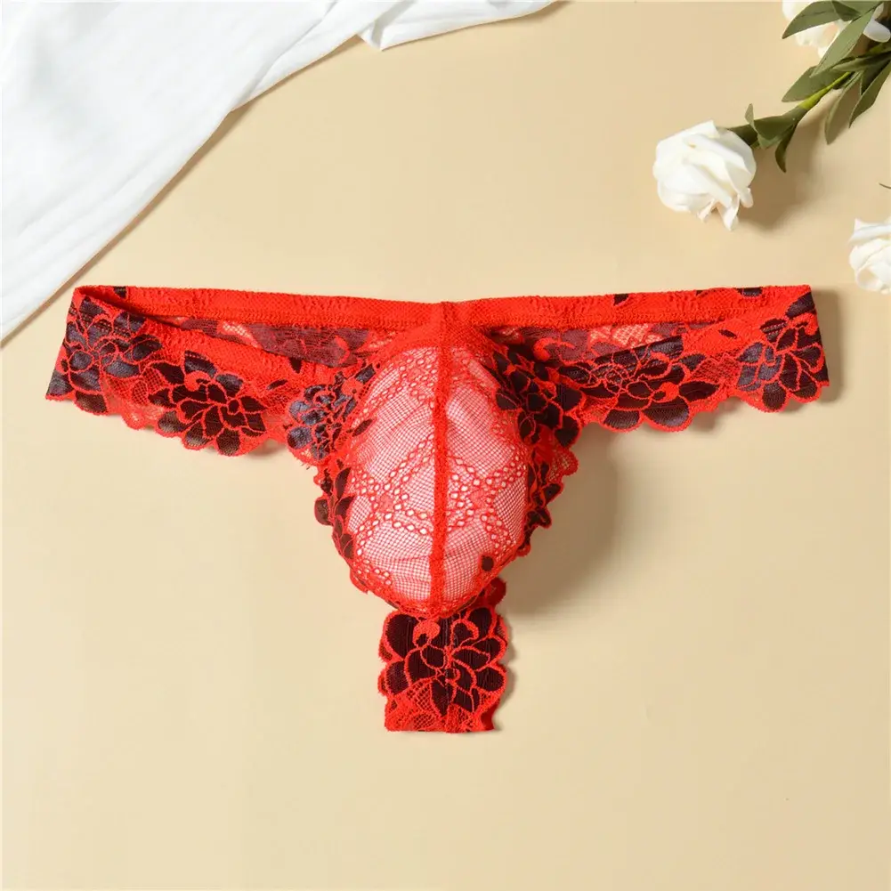 Men Floral Lace Thong Low Rise Elastic Waist G‑String Breathable See‑Through Floral Print Male Underwear Sexy Lingerie Panties