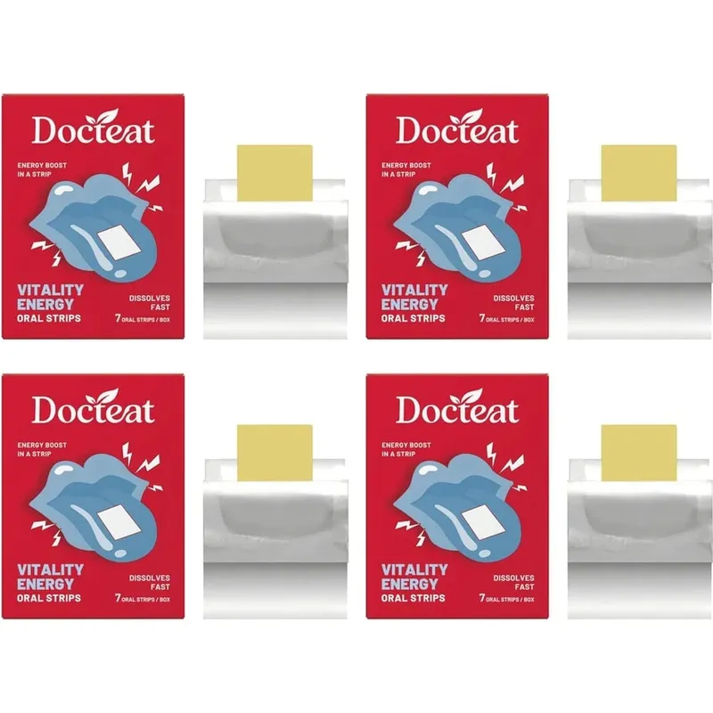 Docteat Energy Support Oral Strips with Caffeine L-Theanine Vitamin B3 B6 B12 Fast Dissolving Daily Nutrition Supplement 7 Count