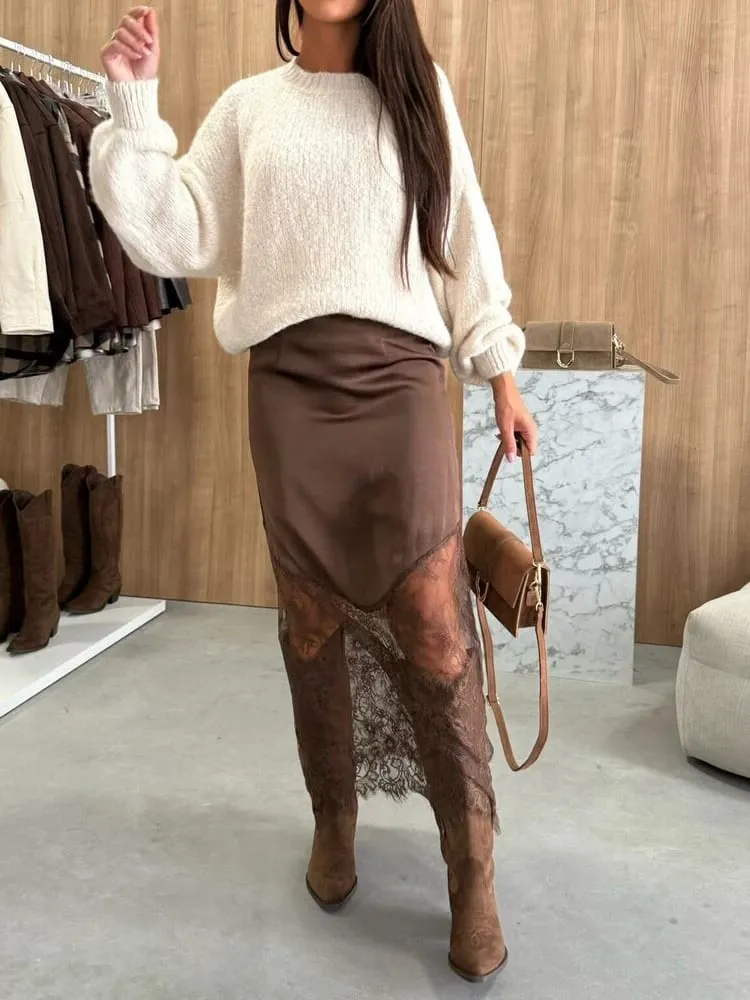 2025 Sexy Patchwork Lace Skirts Women Elegant See-through Long Skirt Casual Lady New Party Summer Evening Street Daily Midiskirt — image 2