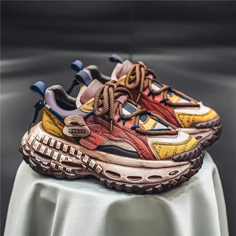 Men's Casual Sneakers with a Patchwork Upper Thick Jute Laces and a Tire-Like Serrated Sole for Added Height and Anti-Slip Grip Making Them Eye-Catching and Suitable for Various Outfits Including Street Wear and Everyday Casual Wear. — image 6