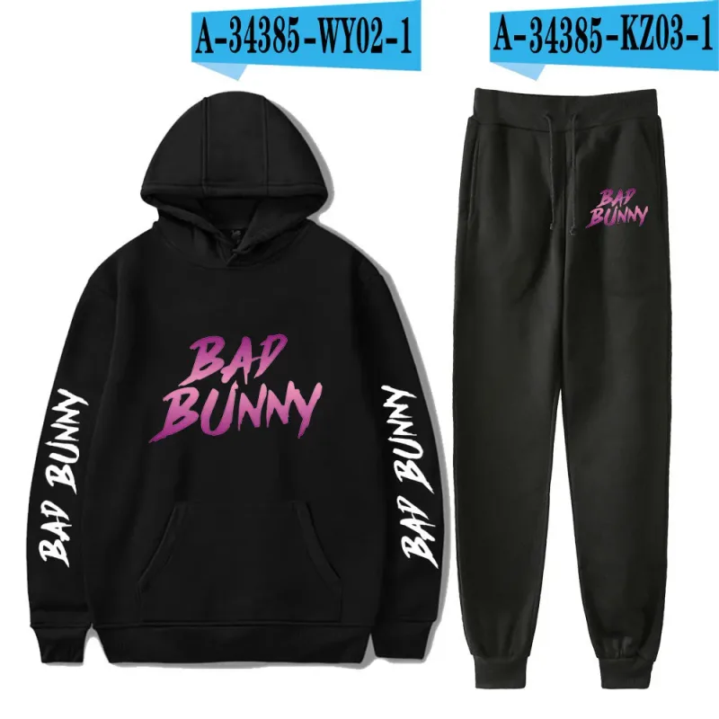 Harajuku Comfortable Funny bad bunny Print Sweatshirt Sweatpants Suit Men/Women Hoodies+ Trousers Suit Cute 2 Piece Set Clothes