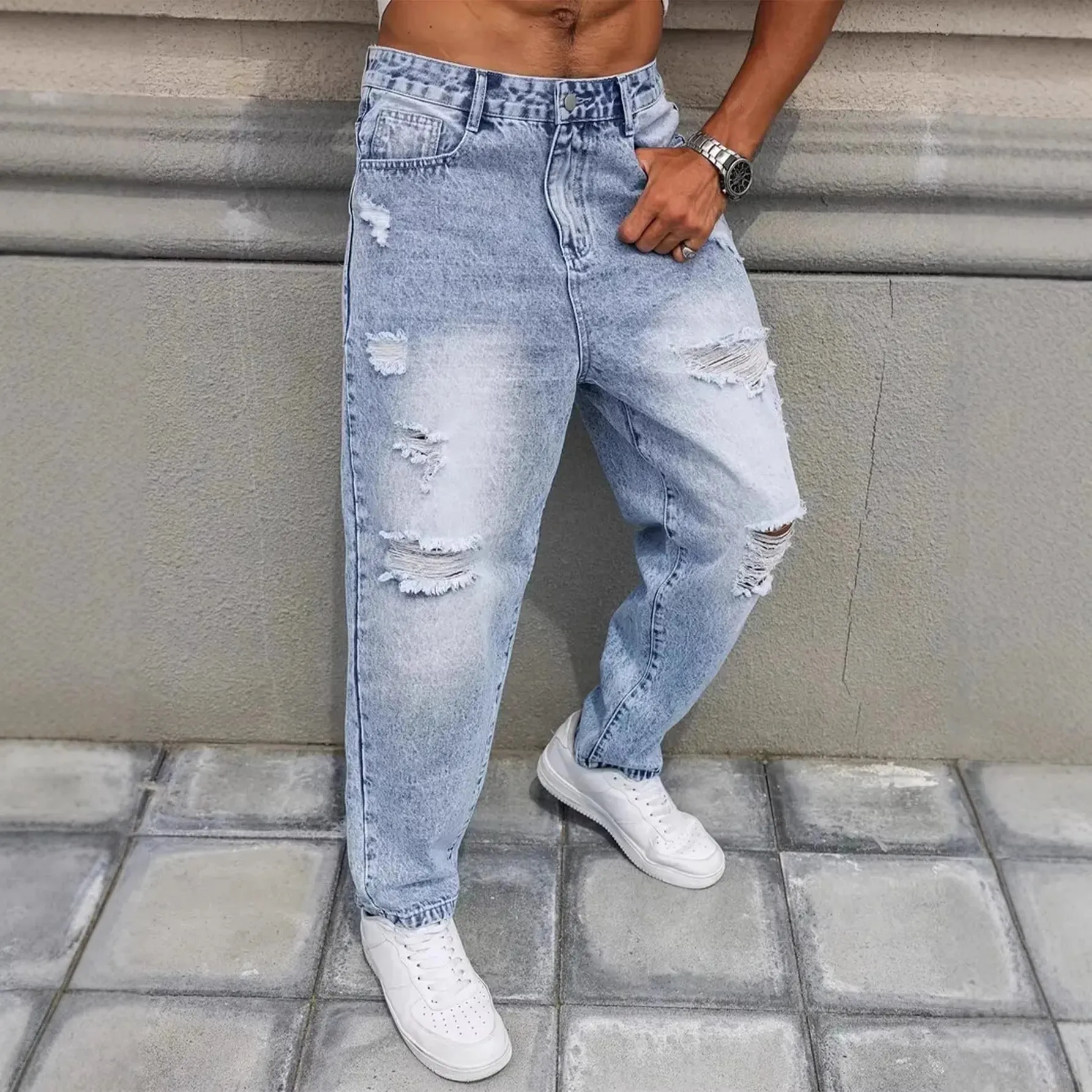 Light Blue Washed Ripped Frayed Denim Jeans For Men Non Stretch Straight Leg Loose Baggy Distressed Pants Vintage Y2K Hip Hop Da