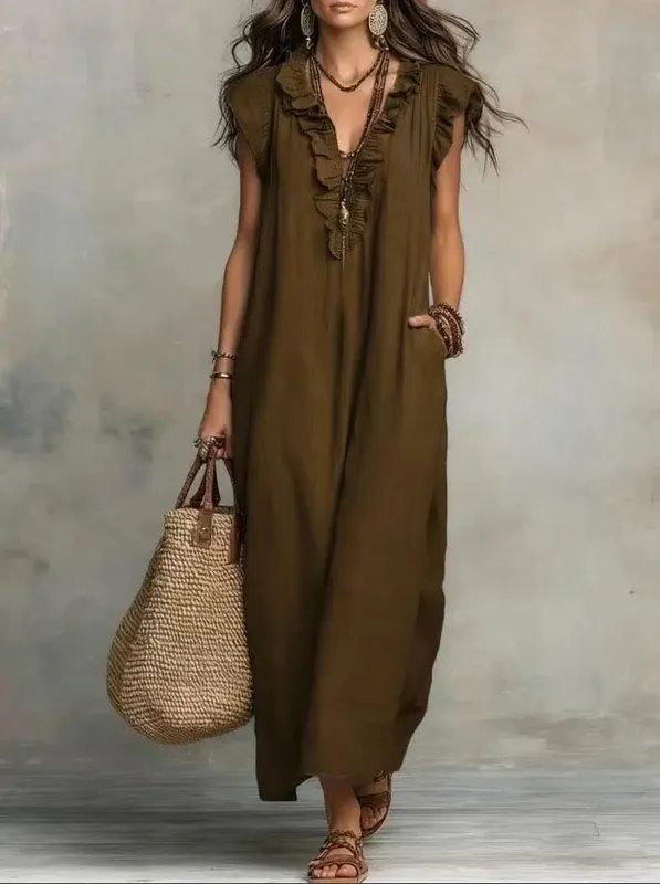 2026 Summer Women Boho Cotton Linen Maxi Dress Solid Color Ruffle V Neck Sleeveless Loose Long Dresses With Pockets Casual Beach — image 10