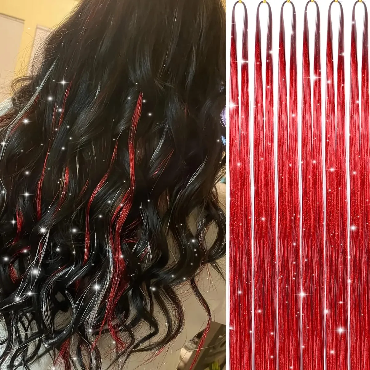 6pcs 22inch Colorful Glitter Tinsel Hair Extensions Fairy Hair Extension Hair Extension Tinsel Glitter Hair Synthetic Extensions — image 9