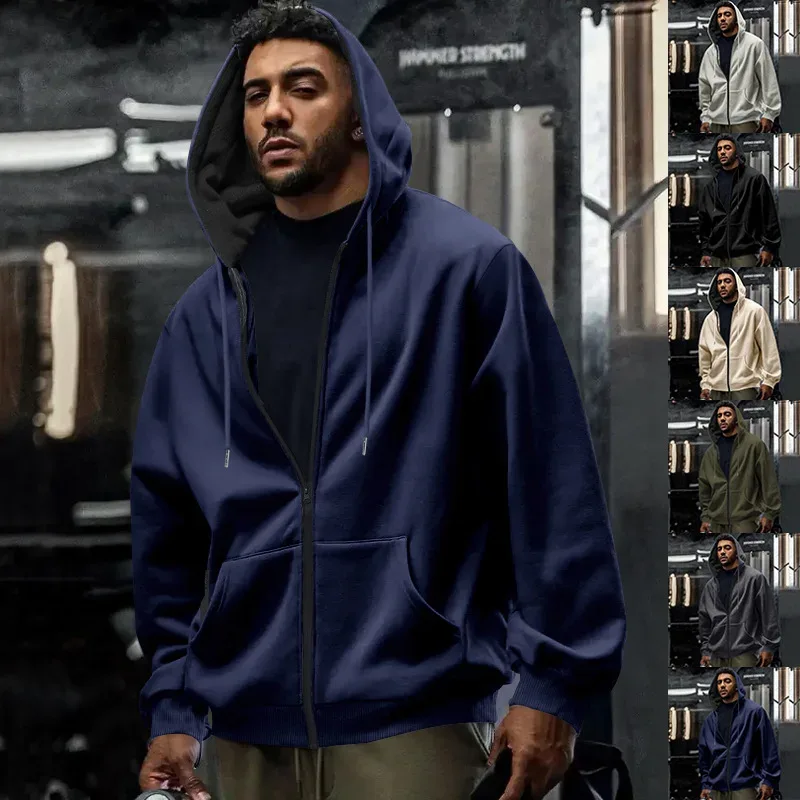 New 2026 Men's Autumn Casual Solid Long Sleeve Zipper Hooded Sweatshirt Coat Male Fashion Outdoors Sportswear Hoodies Jackets — image 43