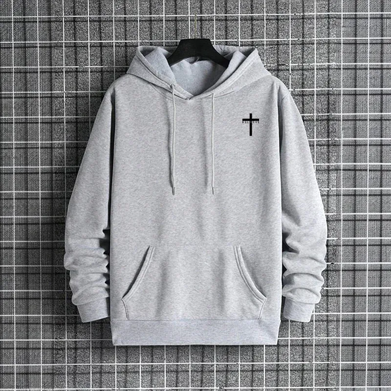 Mens Urban Hoodie 2025 High Quality Solid Color Long Sleeve Sweatshirt Casual Sporty Hooded Outerwear Jesus Cross Print Pullover