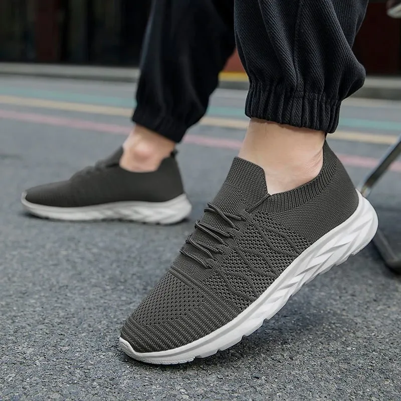 Men's Mesh Knit Walking Shoes No-Tie Elastic Slip-On Sneakers Breathable Lightweight Casual Athletic Shoes