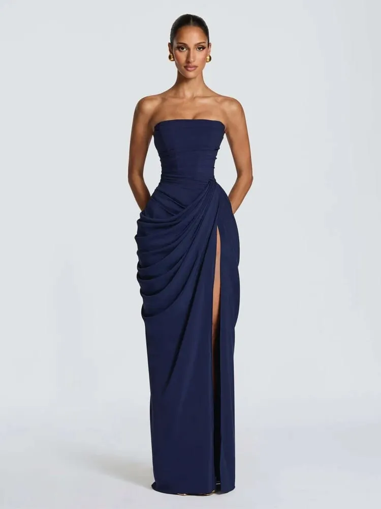 Elegant Solid Pleated Strapless Maxi Dress Yellow Off-shoulder Backless High Waist Split Robe 2026 New Lady Evening Party Gown