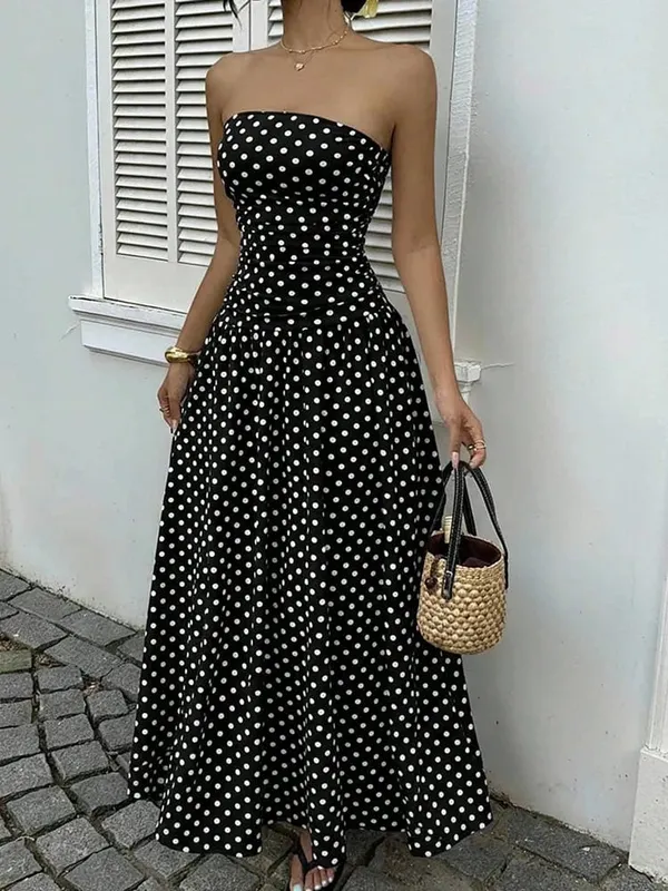 Summer Polka Dot Vintage Strapless Sleeveless Long Prom Dress Women Fashion Off Shoulder Slim Ruffles Tube Maxi Dresses Elegant