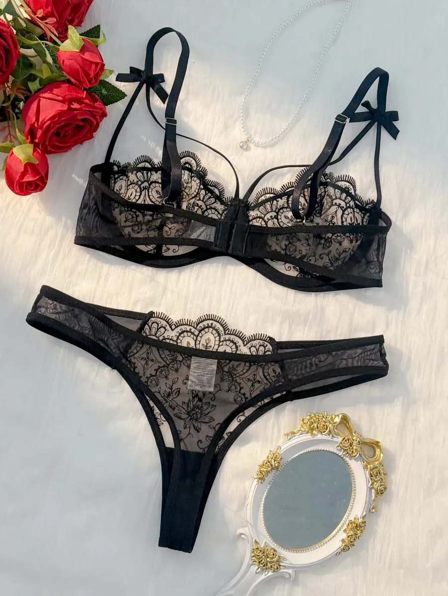 2-piece Women's Lingerie Sets Women's Green Comfortable Lightweight Bow Semi Transparent Lingerie Set