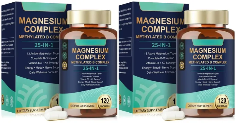 25-in-1 Magnesium Complex with Glycinate Citrate Malate Vitamin D3 K2 B12 Methylfolate for Relaxation Energy Nerve 120 Capsules