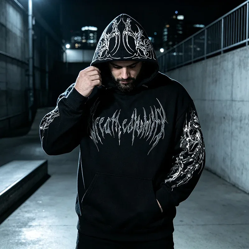 Men Alt Gothic Pullover Hoodie Y2k High Street American Style Dark Thorn Print Fleece Lined Loose Biker Fall Winter Sweatshirt