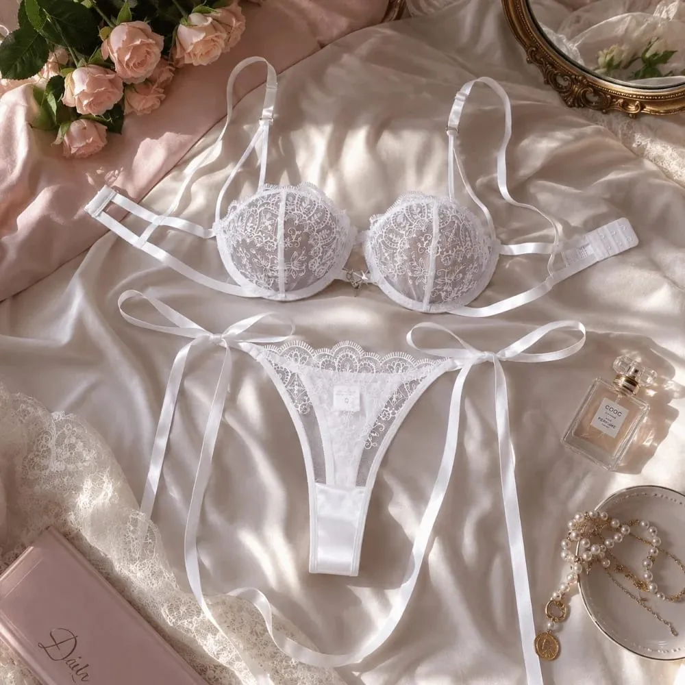 Elegant Floral Embroidery Lace Lingerie Set Lace-up Hollowed-out Thong Bra Suit Mesh Transparent Ultra-thin Underwear Sets Lady