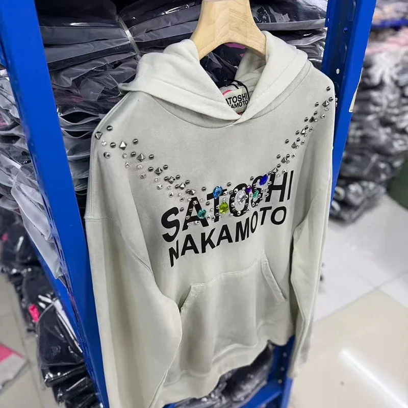 26SS Autumn Winter New Arrival Satoshi Nakamoto Hooded Sweatshirts Destructo Studded Washed Cotton Hooded Unisex Pullover