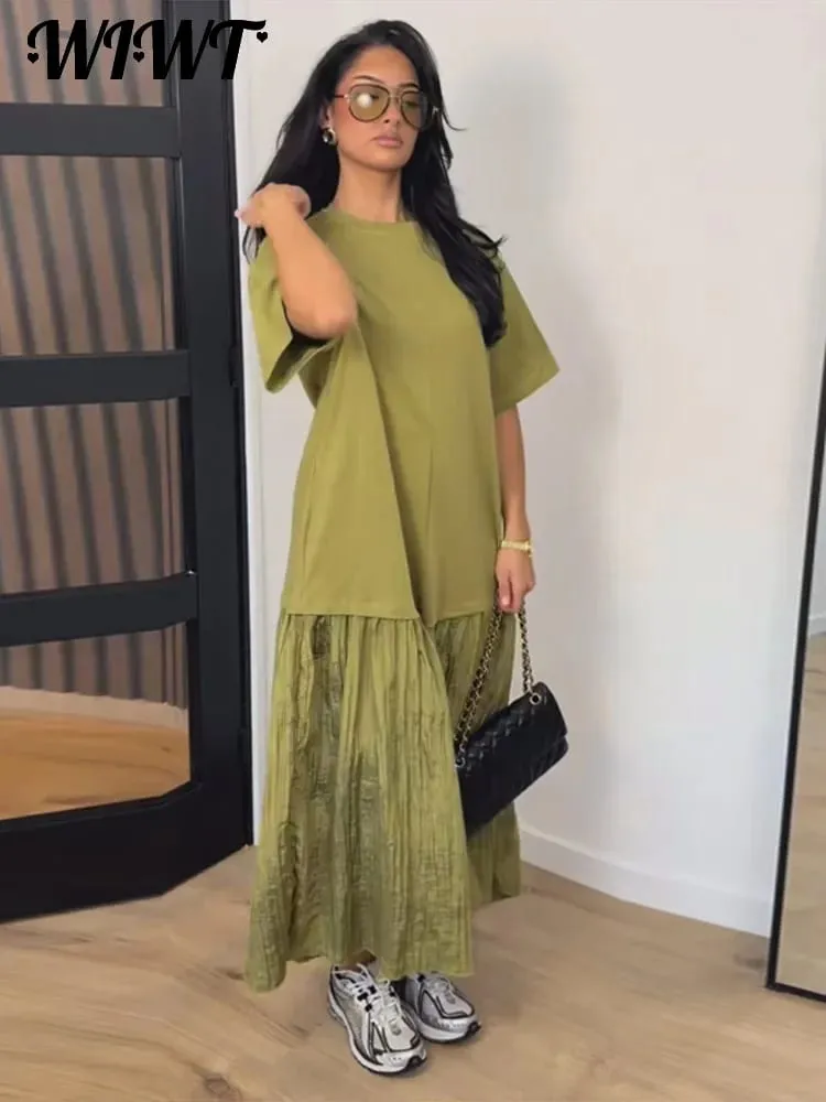 Loose Patchwork Women's Pleated Dresses Fashion Short Sleeve O-neck Long Robes 2026 Summer New Female Elegant Casual Dress