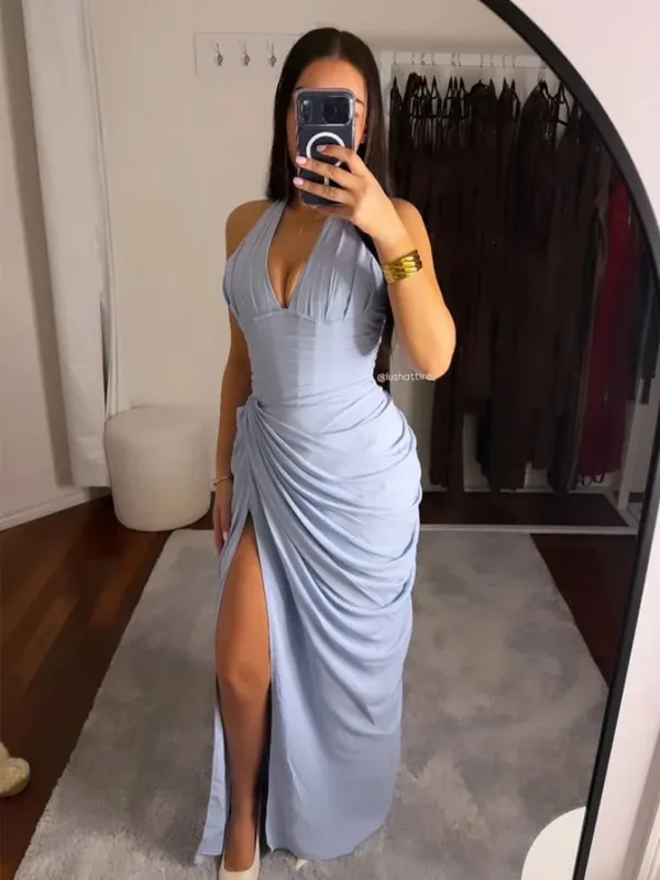 Elegant Yellow Strapless Pleated Long Dress Women Chic Solid Sleeveless Waist Cinching Split Gown 2026 Lady Evening Party Robes — image 24