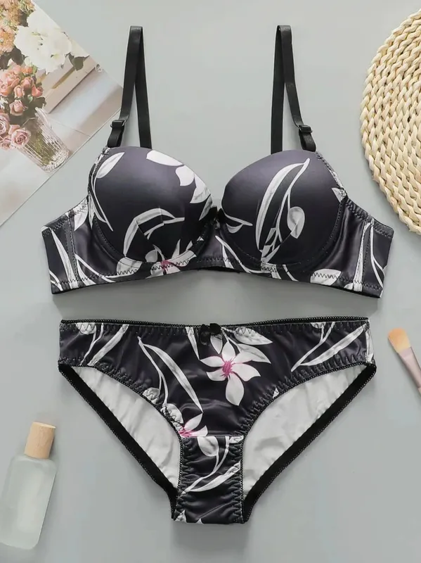 1 set High Quality Women's black bra Floral Print Bra and Panty Set Full Cup Support Elegant Summer Style A2135