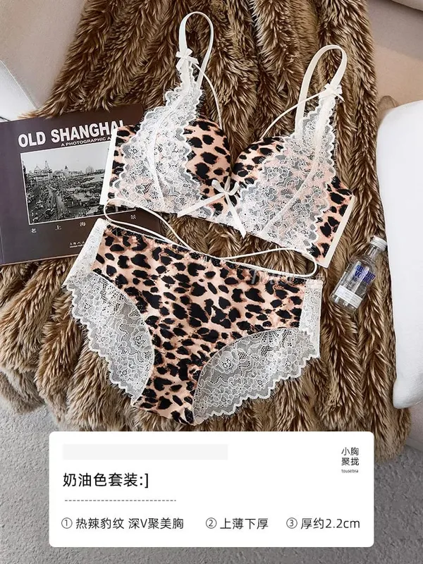 Women Leopard Lace Lingerie Set 32‑38AB Wireless Push‑Up Bra Side Breast Support Anti‑Sag Sexy Pure Desire Underwear