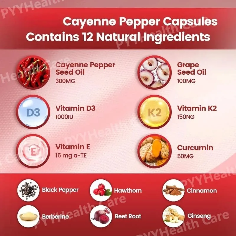 Gélules de poivre de Cayenne avec pépins de raisin, betterave, curcuma, vitamines D3 K2 E, supplément à base de plantes