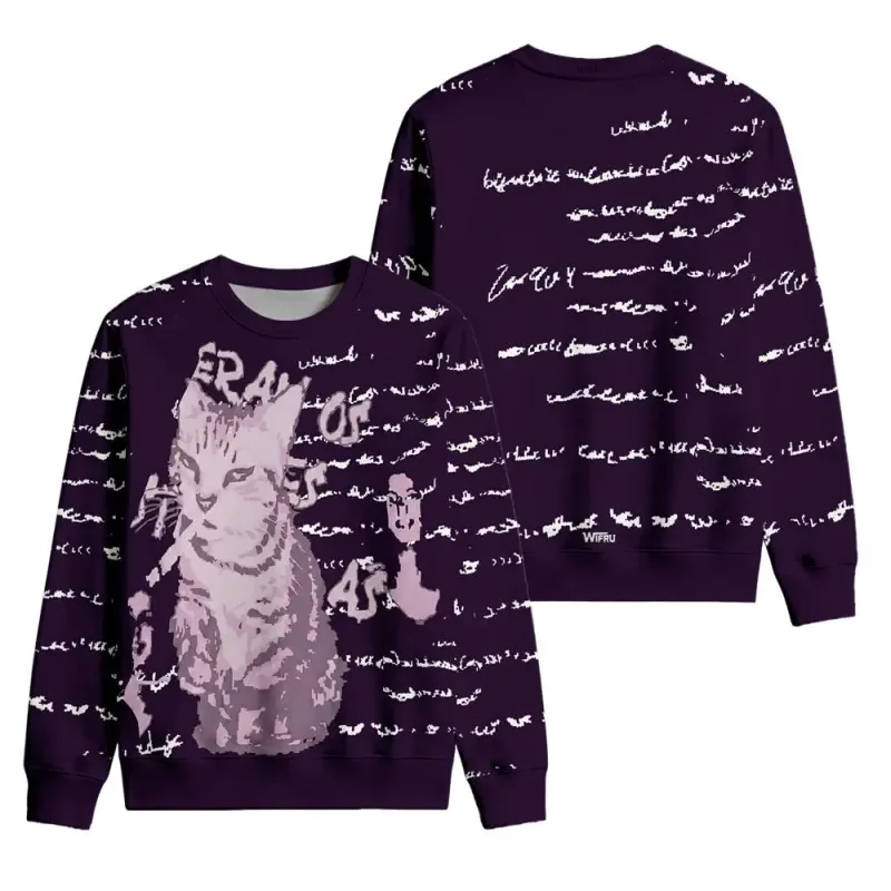 Vintage Cat Portrait English Letter Graphic Pullover WIFRU Harajuku Aesthetic Long Sleeve Crewneck Top Unisex Casual Streetwear — image 4