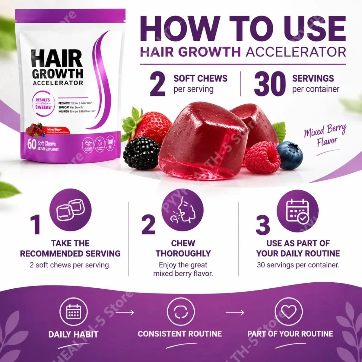 Biotin Hair Growth Soft Chews Supplement Support Fuller Thicker Hair Vitamin C & E for Healthy Hair Nourishment 60 Gummy