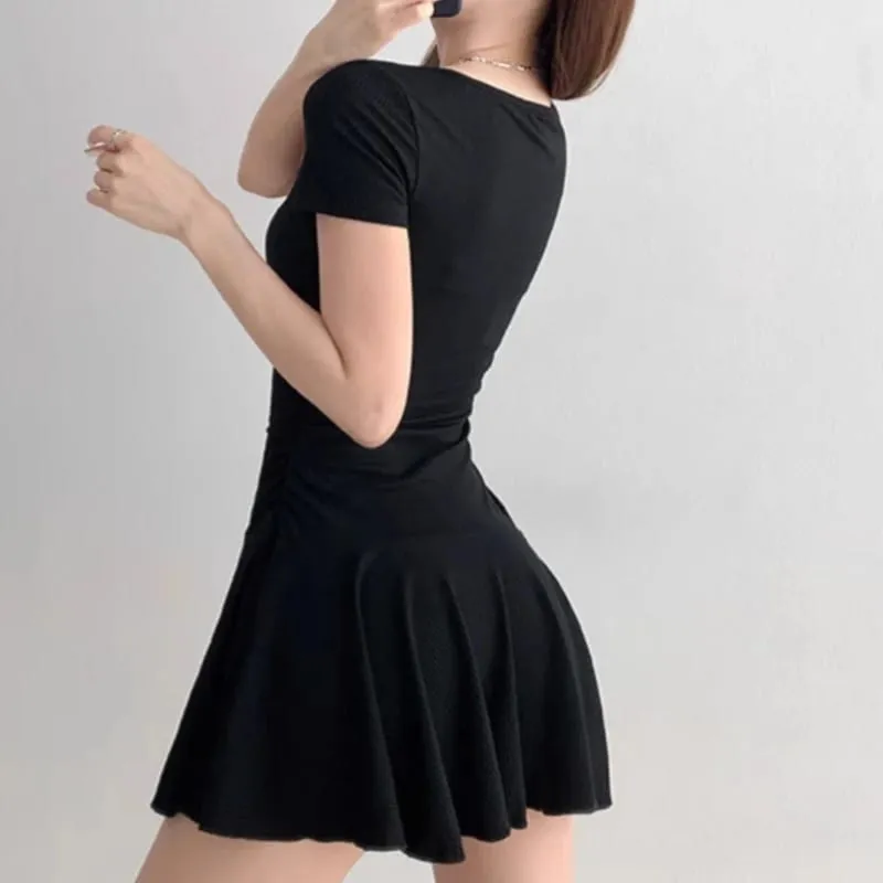 Women's Sexy Gray U-Neck Button Short Sleeve Dress Waist Cinched Sporty A-Line Mini Skirt Flare Age-Reducing Stylish Dress