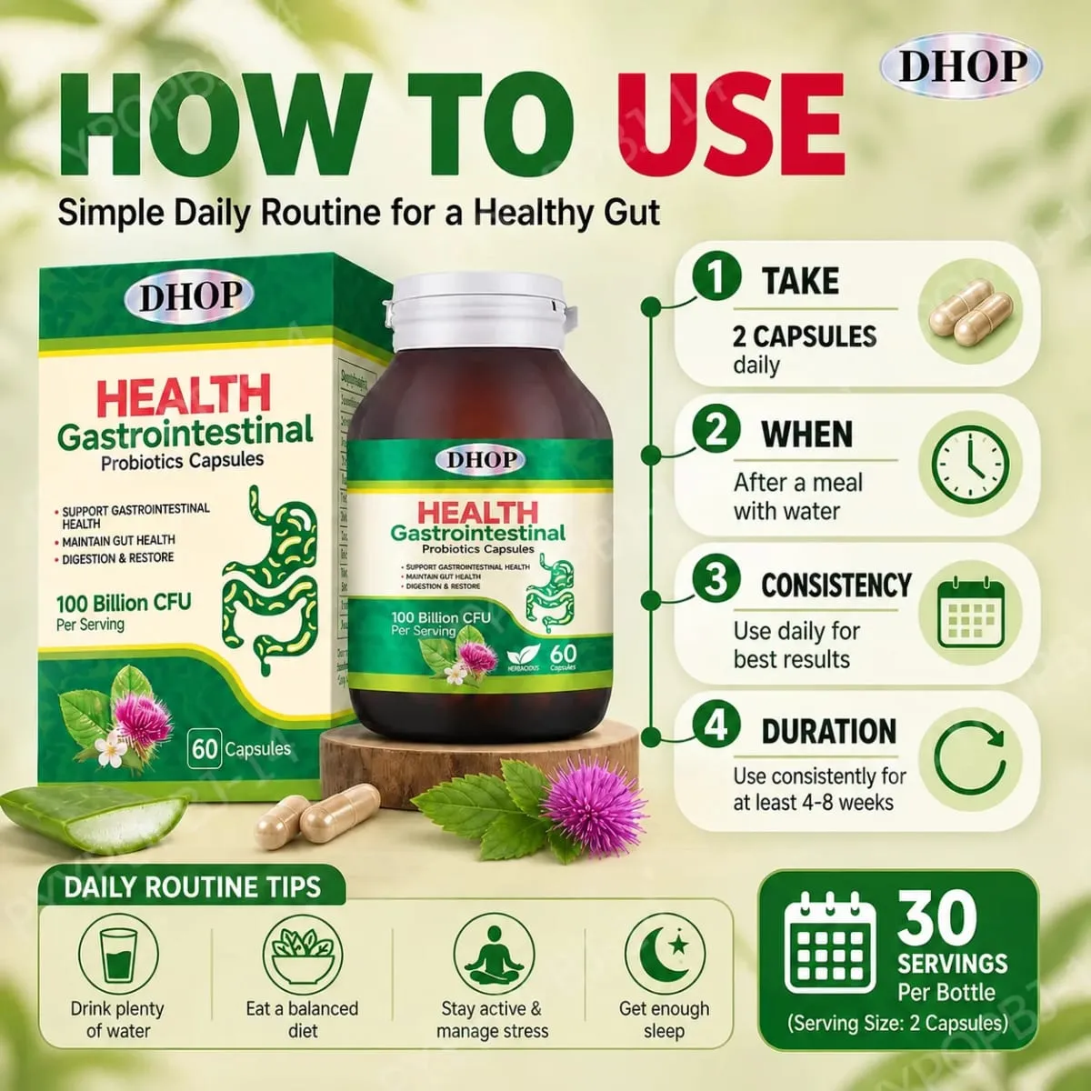 Gastrointestinal Probiotics Capsules Support Gut Health with Vitamin C and Vitamin E Diet Fiber 100 Billion CFU 60 Capsules