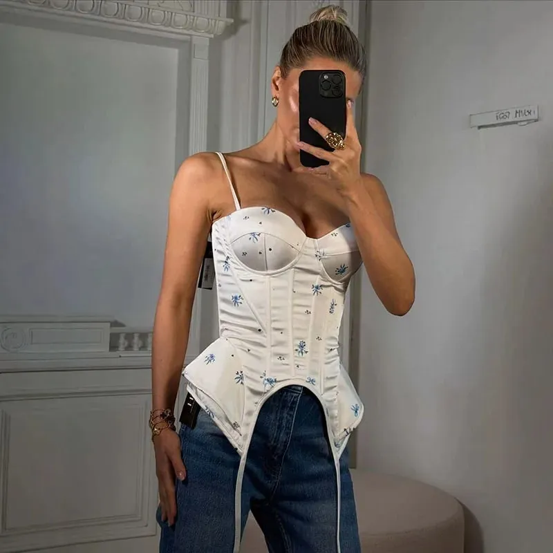Lace Patchwork Corset Top Women Sexy Slim Fit Spaghetti Strap Front Waist Cinched Bandage Vest 2026 Spring New Party Clubwear