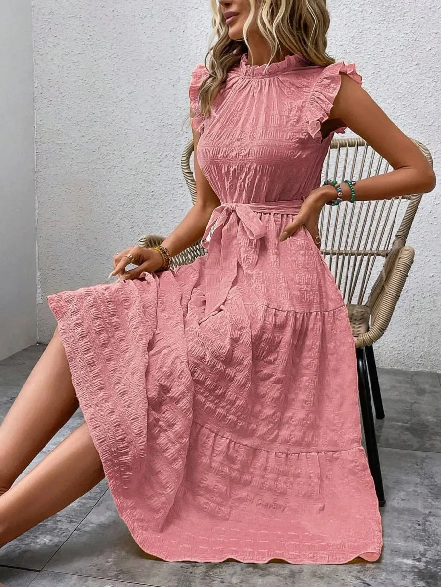 2026 Summer Fashion Flutter Sleeve Women Stand Collar Ruffles Solid Color Elegant Loose Long Dress Lace-up Texture Party Dresses